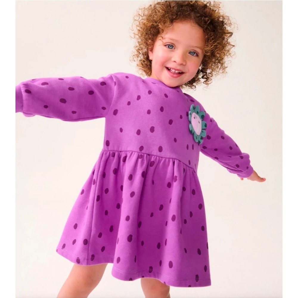 Next Kids Purple Polka‎ Dot Sweatshirt Dress 3D Floral Applique 2-3 Years 98cm